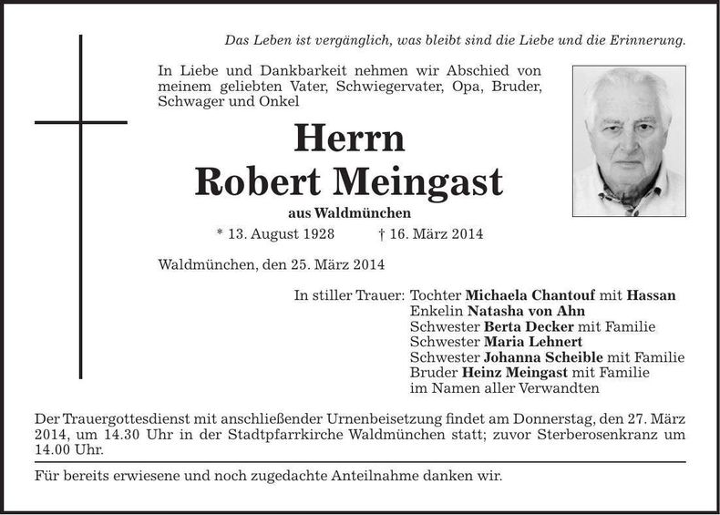 Traueranzeige Robert Meingast
