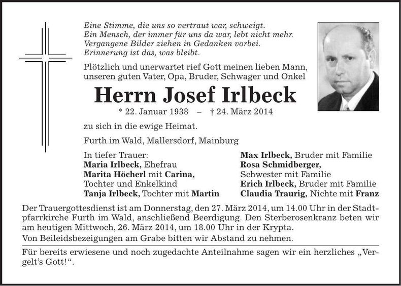 Traueranzeige Josef Irlbeck