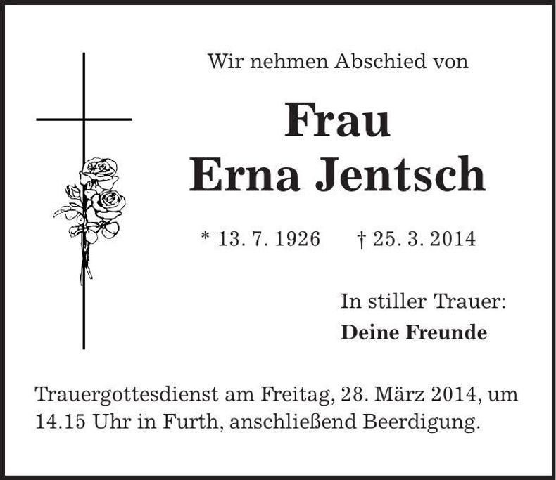Traueranzeige Erna Jentsch