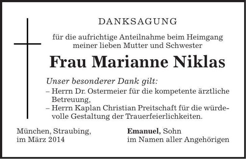 Traueranzeige Marianne Niklas