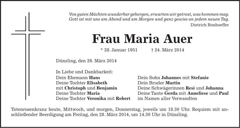 Traueranzeige Maria Auer