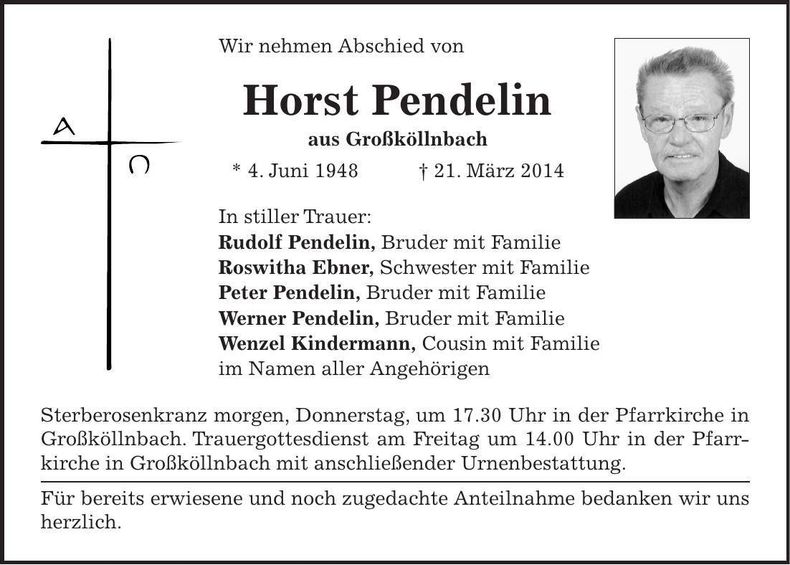 Traueranzeige Horst Pendelin