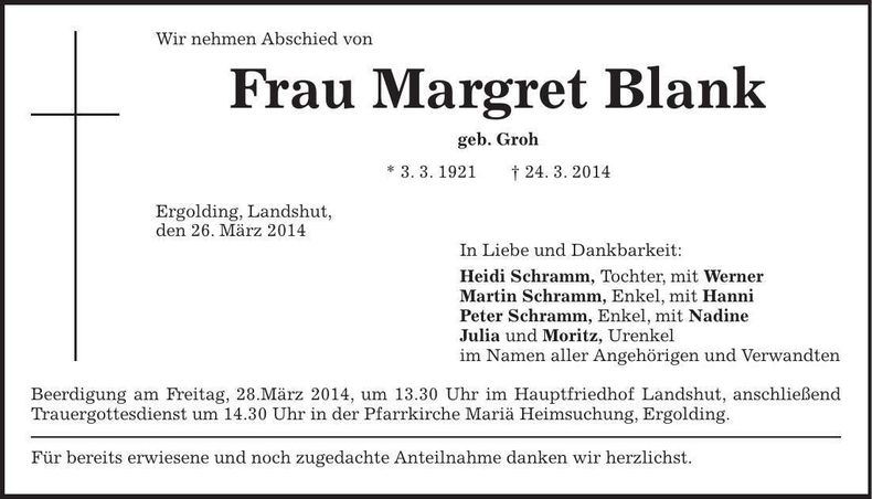 Traueranzeige Margret Blank