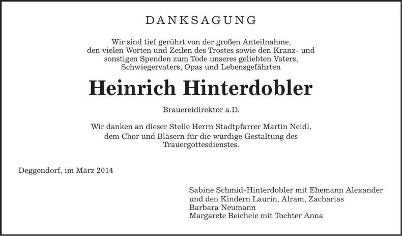 Traueranzeige Heinrich Hinterdobler