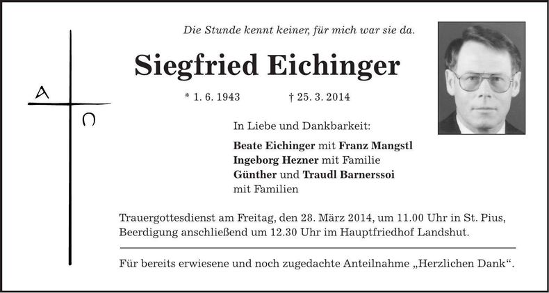 Traueranzeige Siegfried Eichinger
