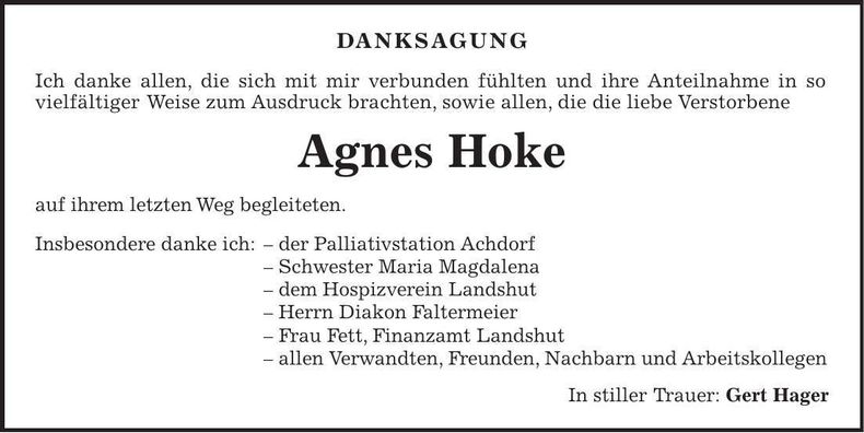 Traueranzeige Agnes Hoke