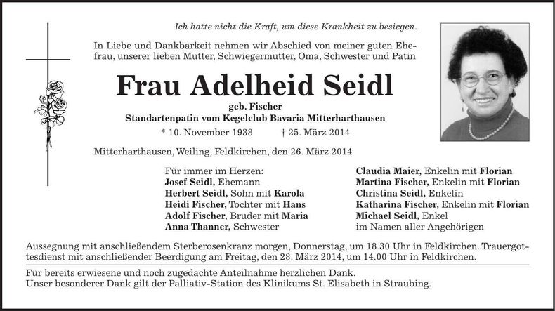 Traueranzeige Adelheid Seidl