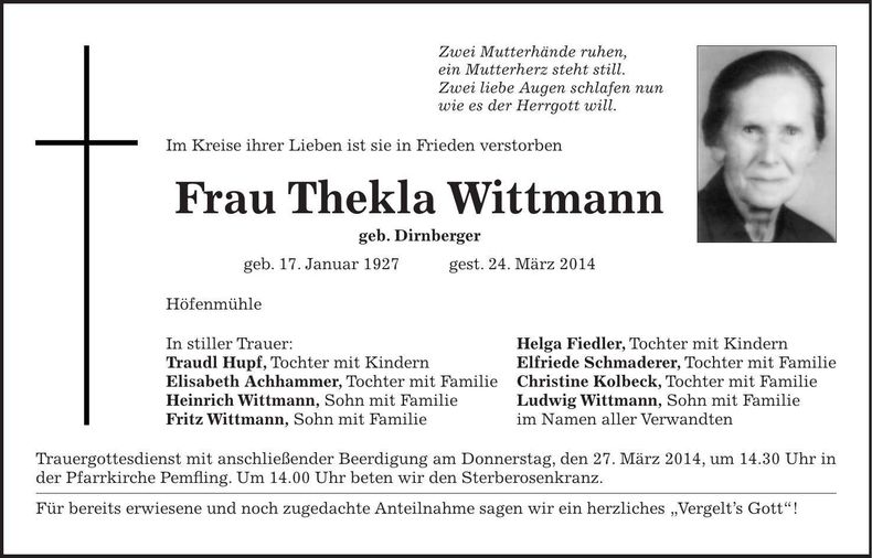 Traueranzeige Thekla Wittmann