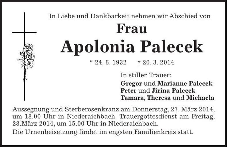 Traueranzeige Apolonia Palecek