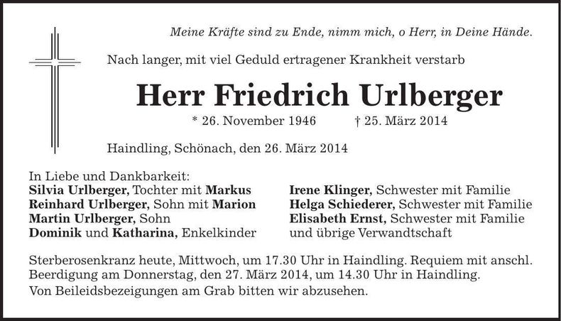 Traueranzeige Friedrich Urlberger