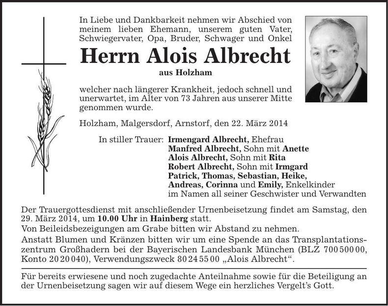 Traueranzeige Alois Albrecht
