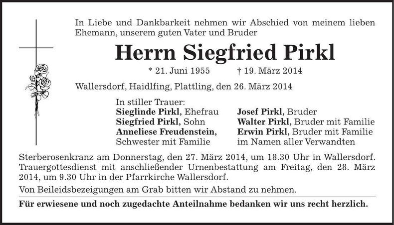 Traueranzeige Siegfried Pirkl