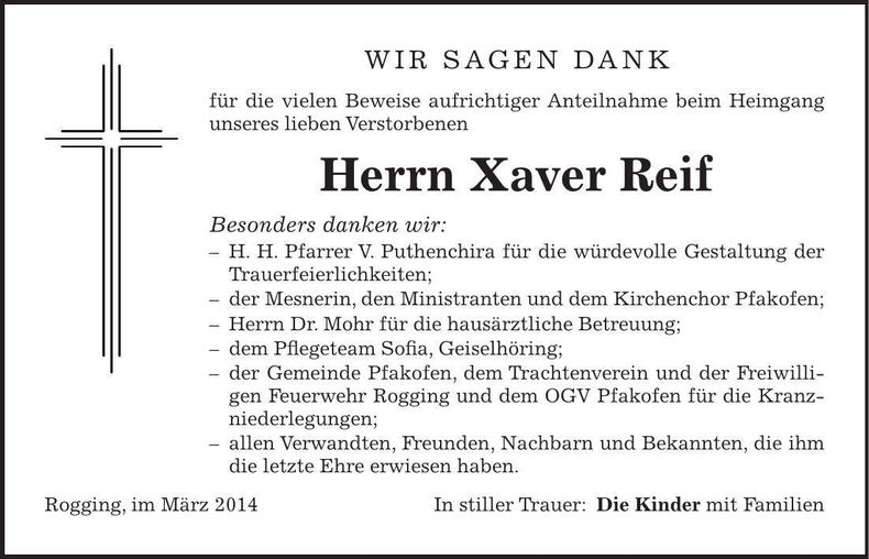 Traueranzeige Xaver Reif
