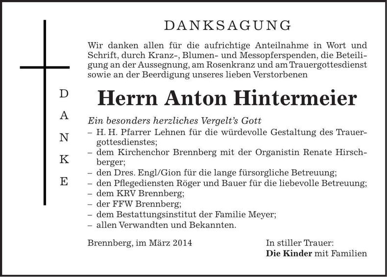 Traueranzeige Anton Hintermeier