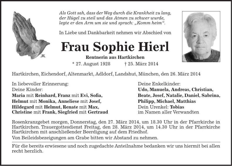 Traueranzeige Sophie Hierl