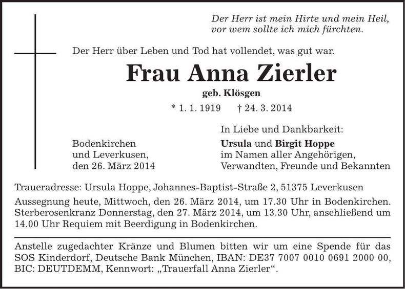 Traueranzeige Anna Zierler
