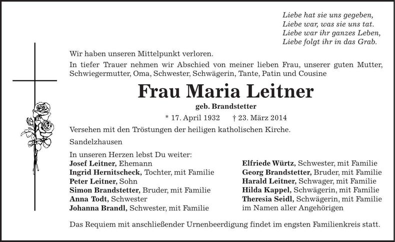 Traueranzeige Maria Leitner