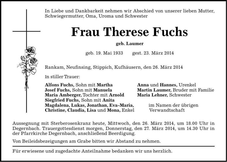 Traueranzeige Therese Fuchs
