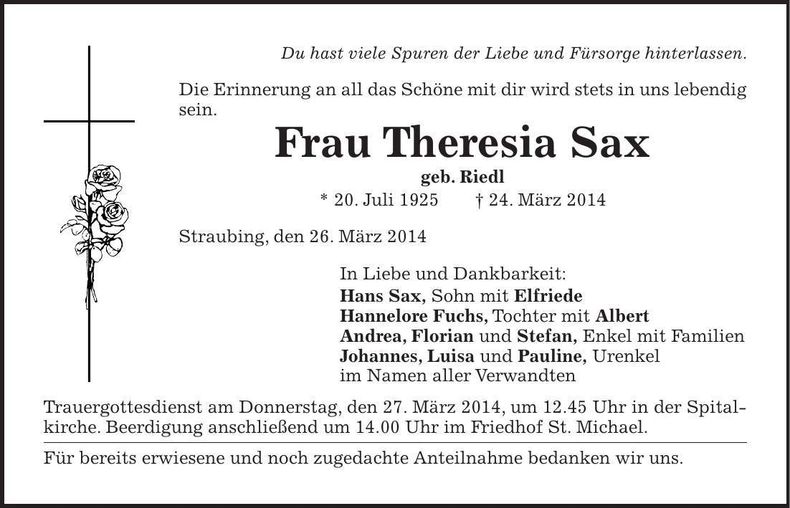 Traueranzeige Theresia Sax