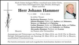 Traueranzeige Johann Hammer