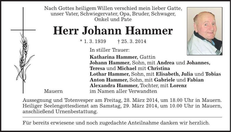 Traueranzeige Johann Hammer