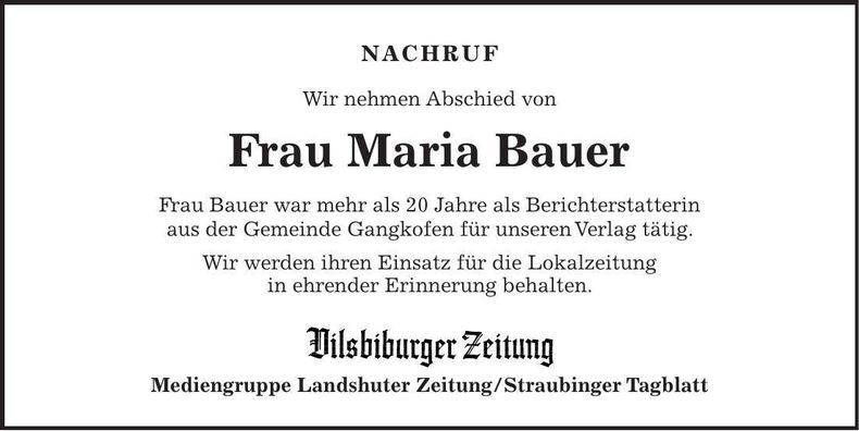Traueranzeige Maria Bauer