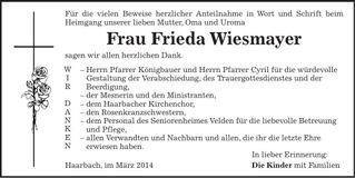 Traueranzeige Frieda Wiesmayer