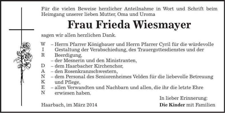 Traueranzeige Frieda Wiesmayer