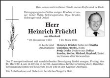 Traueranzeige Heinrich Früchtl