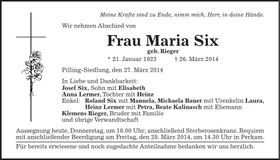 Traueranzeige Maria Six