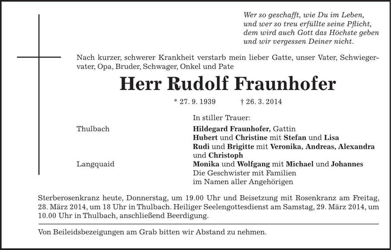Traueranzeige Rudolf Fraunhofer