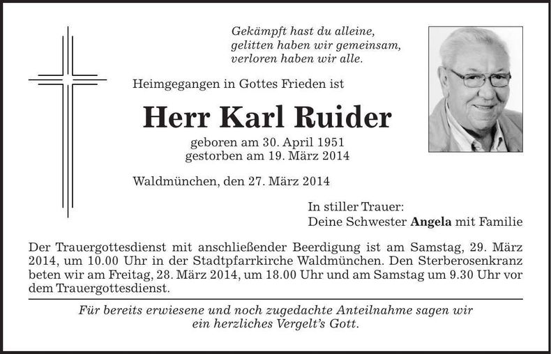 Traueranzeige Karl Ruider