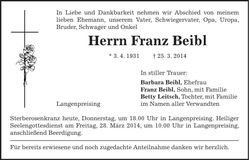 Traueranzeige Franz Beibl