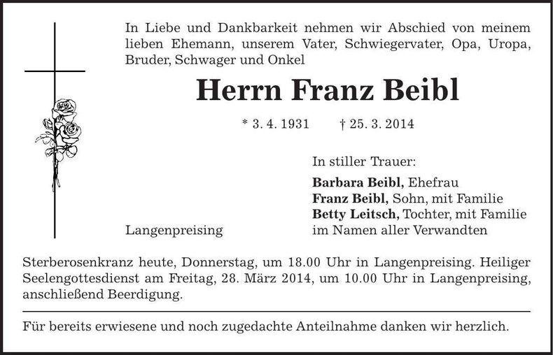 Traueranzeige Franz Beibl