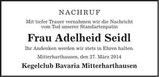 Traueranzeige Adelheid Seidl