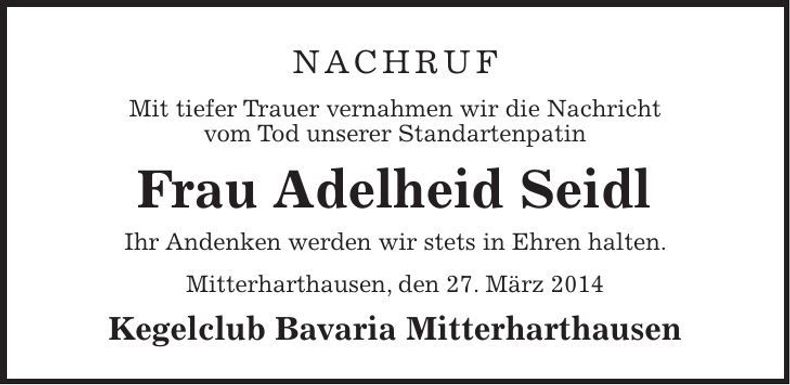 Traueranzeige Adelheid Seidl