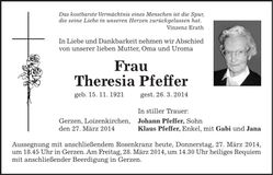 Traueranzeige Theresia Pfeffer