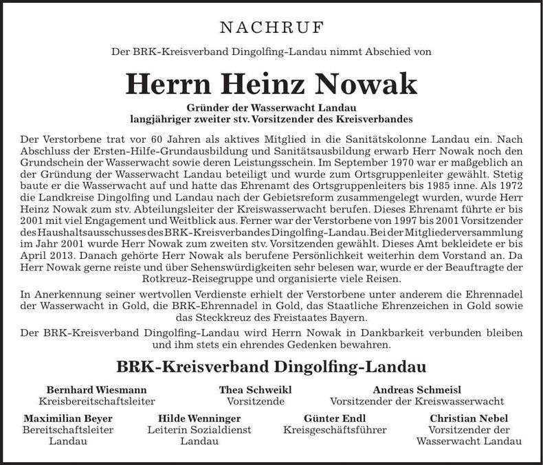 Traueranzeige Heinz Nowak
