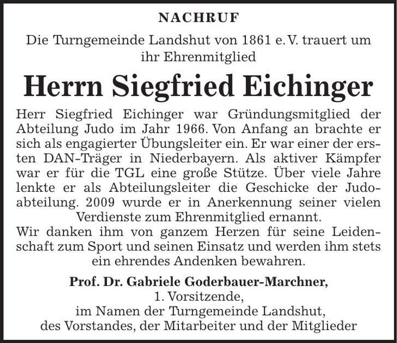 Traueranzeige Siegfried Eichinger