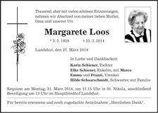 Traueranzeige Margarete Loos