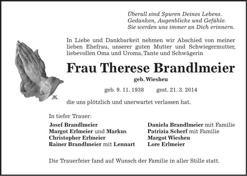 Traueranzeige Therese Brandlmeier