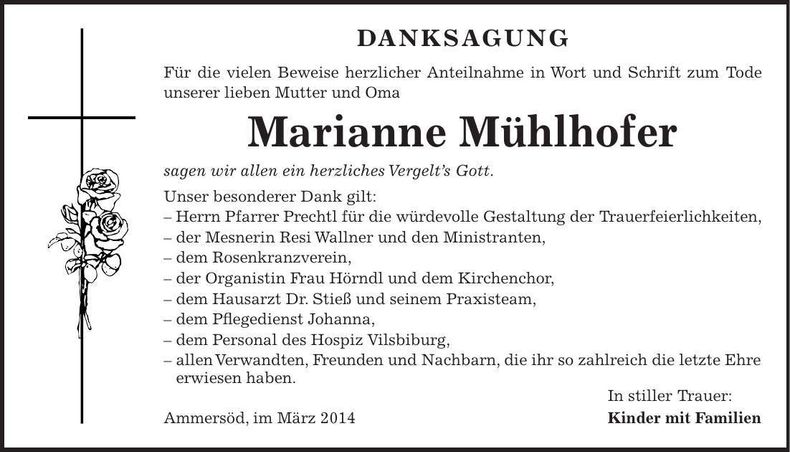 Traueranzeige Marianne Mühlhofer