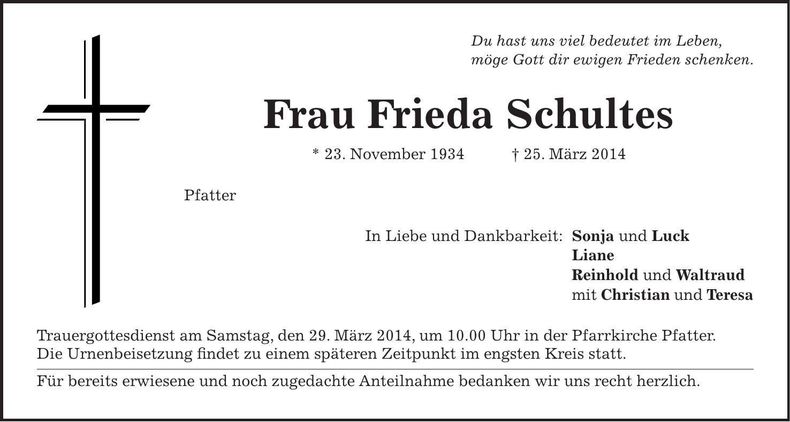 Traueranzeige Frieda Schultes