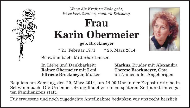 Traueranzeige Karin Obermeier