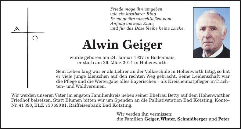 Traueranzeige Alwin Geiger