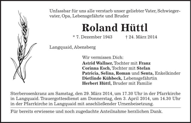 Traueranzeige Roland Hüttl