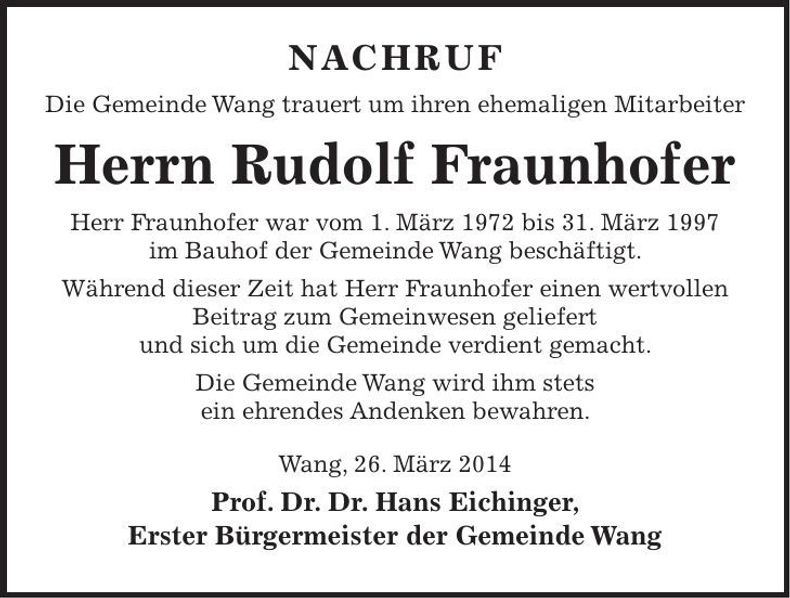 Traueranzeige Rudolf Fraunhofer