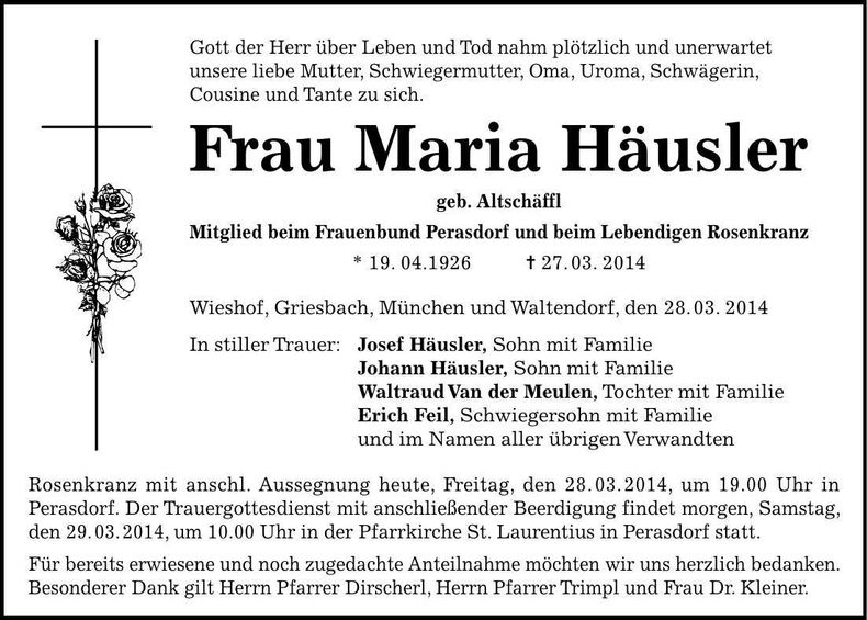 Traueranzeige Maria Häusler