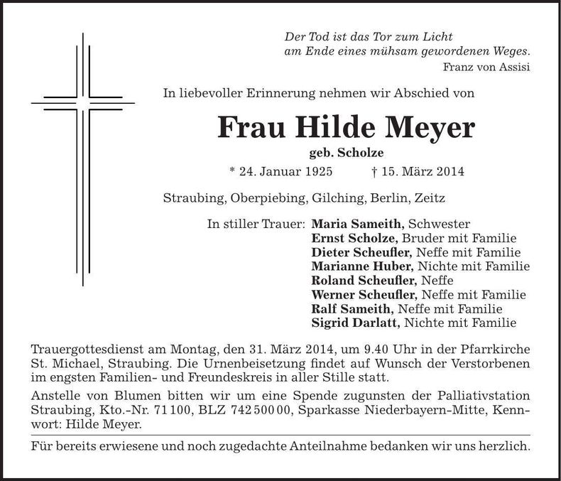 Traueranzeige Hilde Meyer