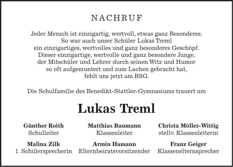 Traueranzeige Lukas Treml